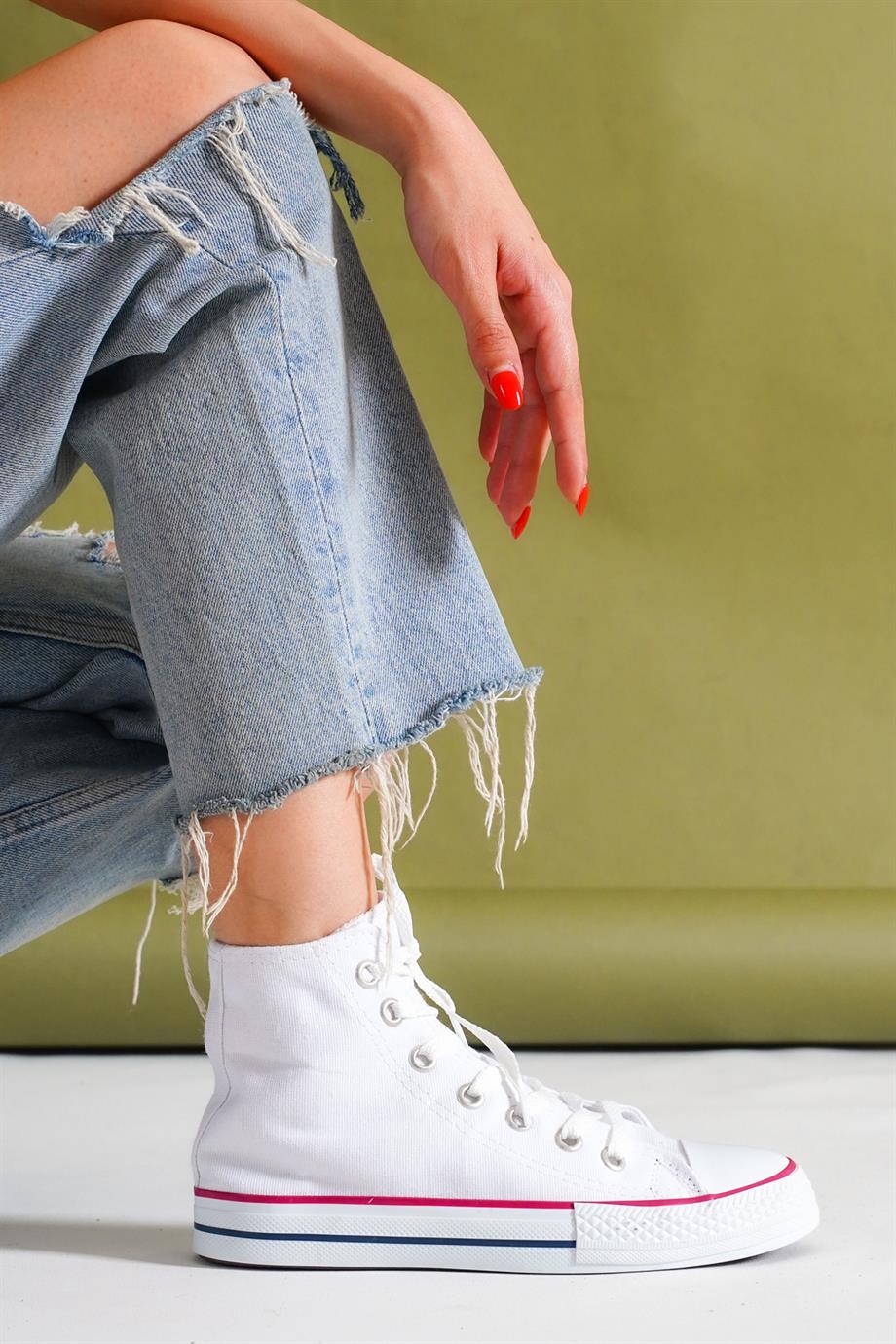 Fylet Beyaz Bilekli Bağcıklı Keten Kadın Spor Ayakkabı