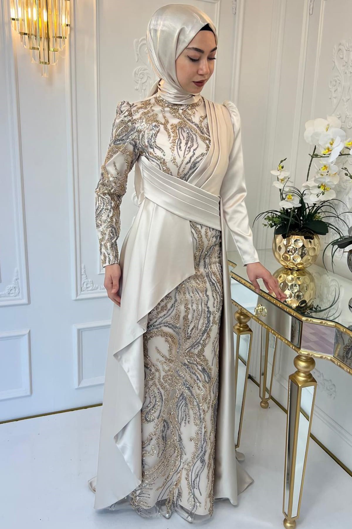 Aybüke Tesettür Abiye Ekru