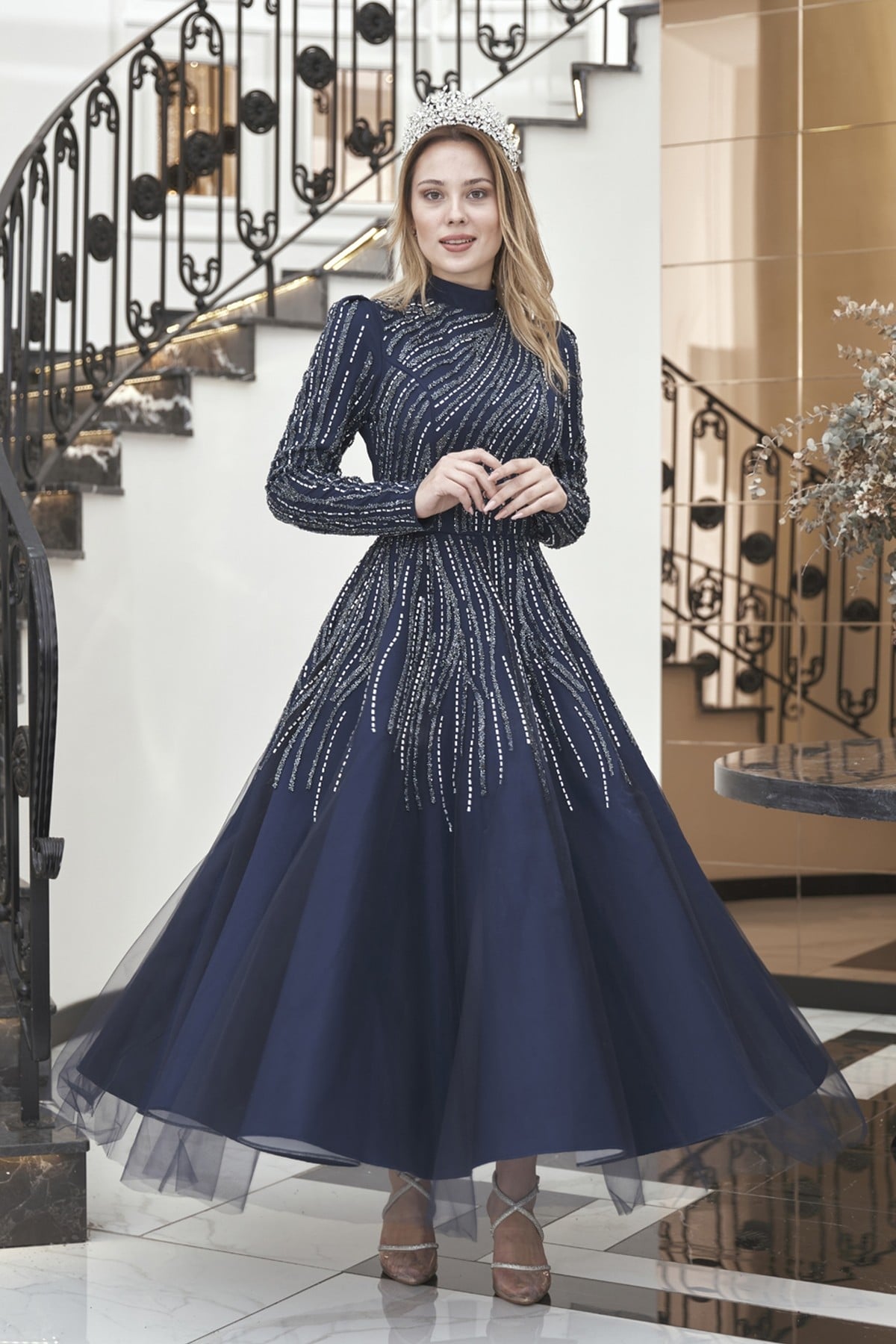 Midi Taşlı Anna Abiye Lacivert AP-2630
