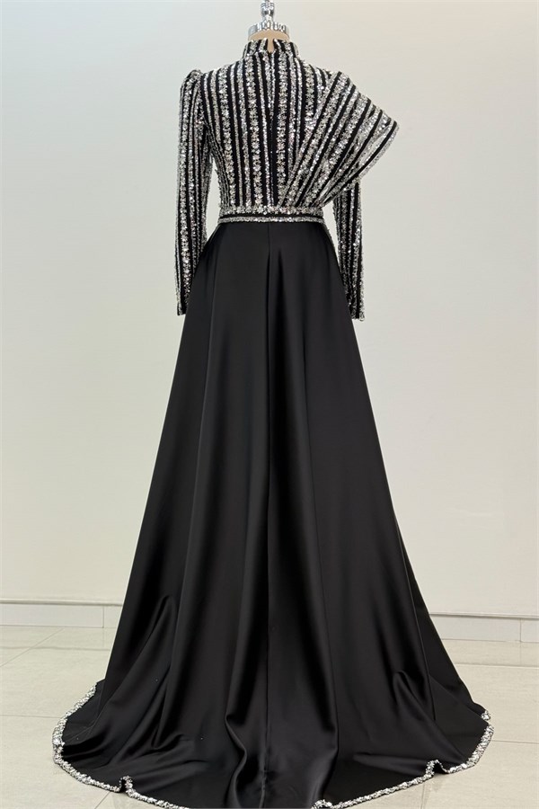 Elegance Tesettür Abiye Siyah Gümüş
