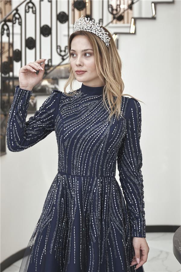 Midi Taşlı Anna Abiye Lacivert AP-2630