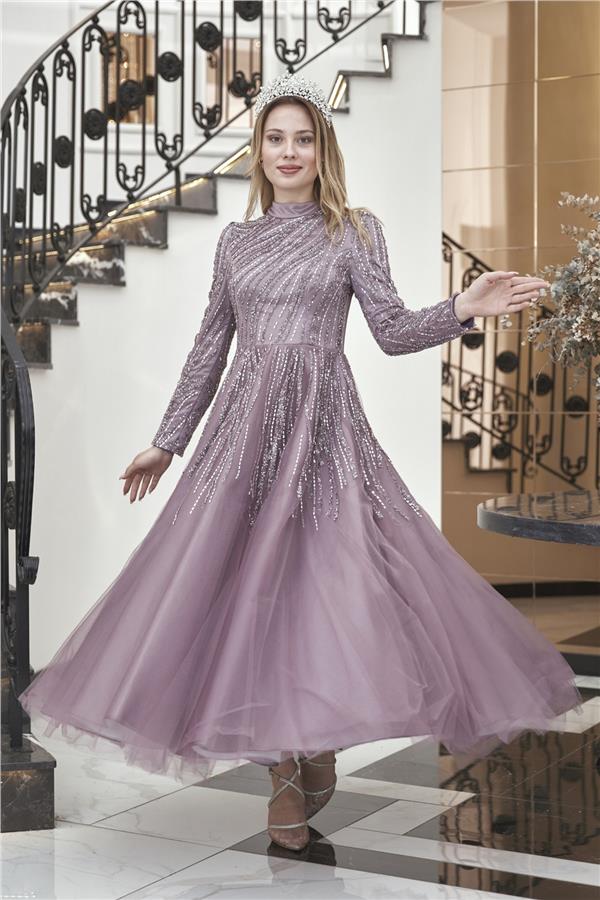 Midi Taşlı Anna Abiye Lavanta AP-2630