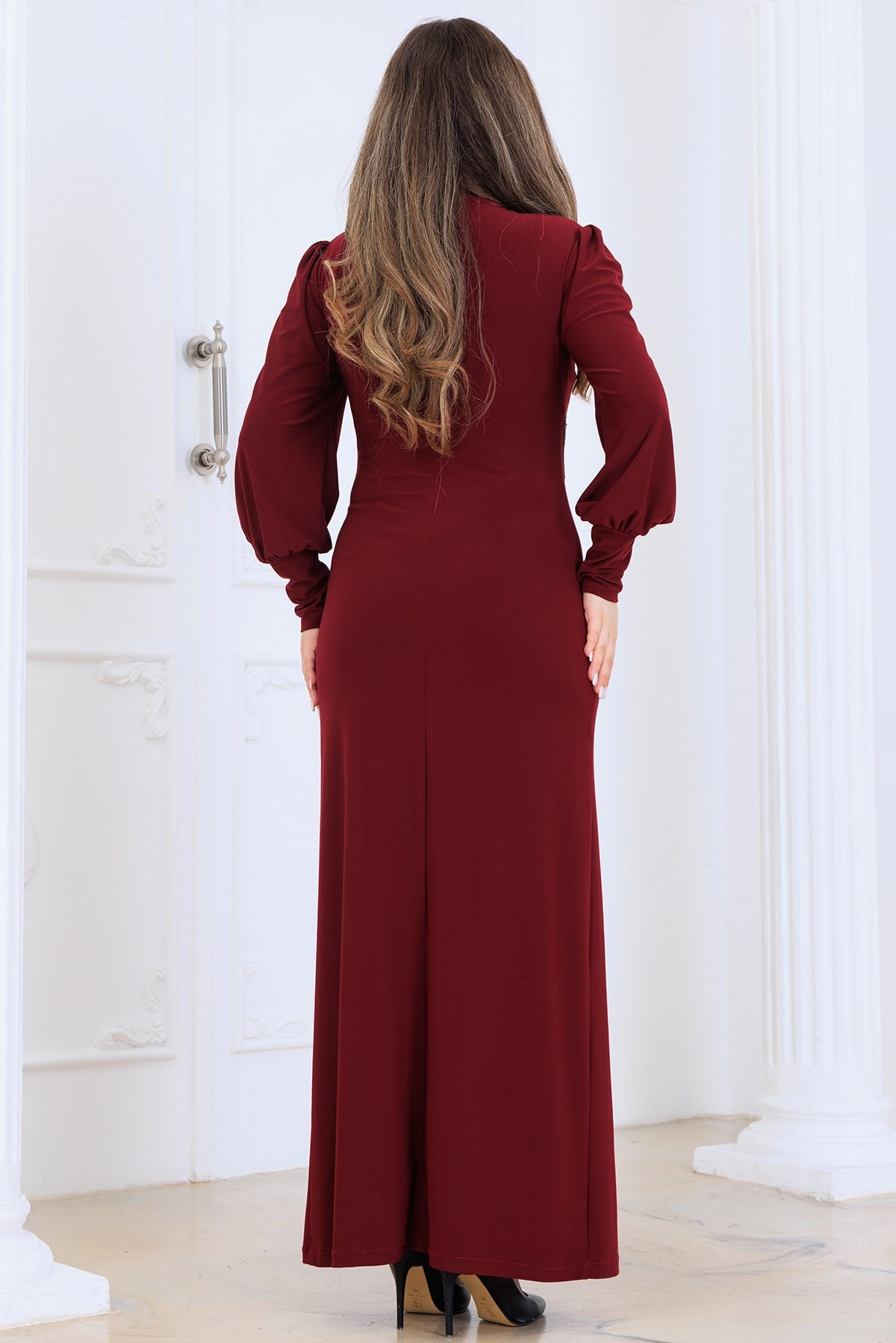 Eleni Tesettür Abiye Elbise Bordo