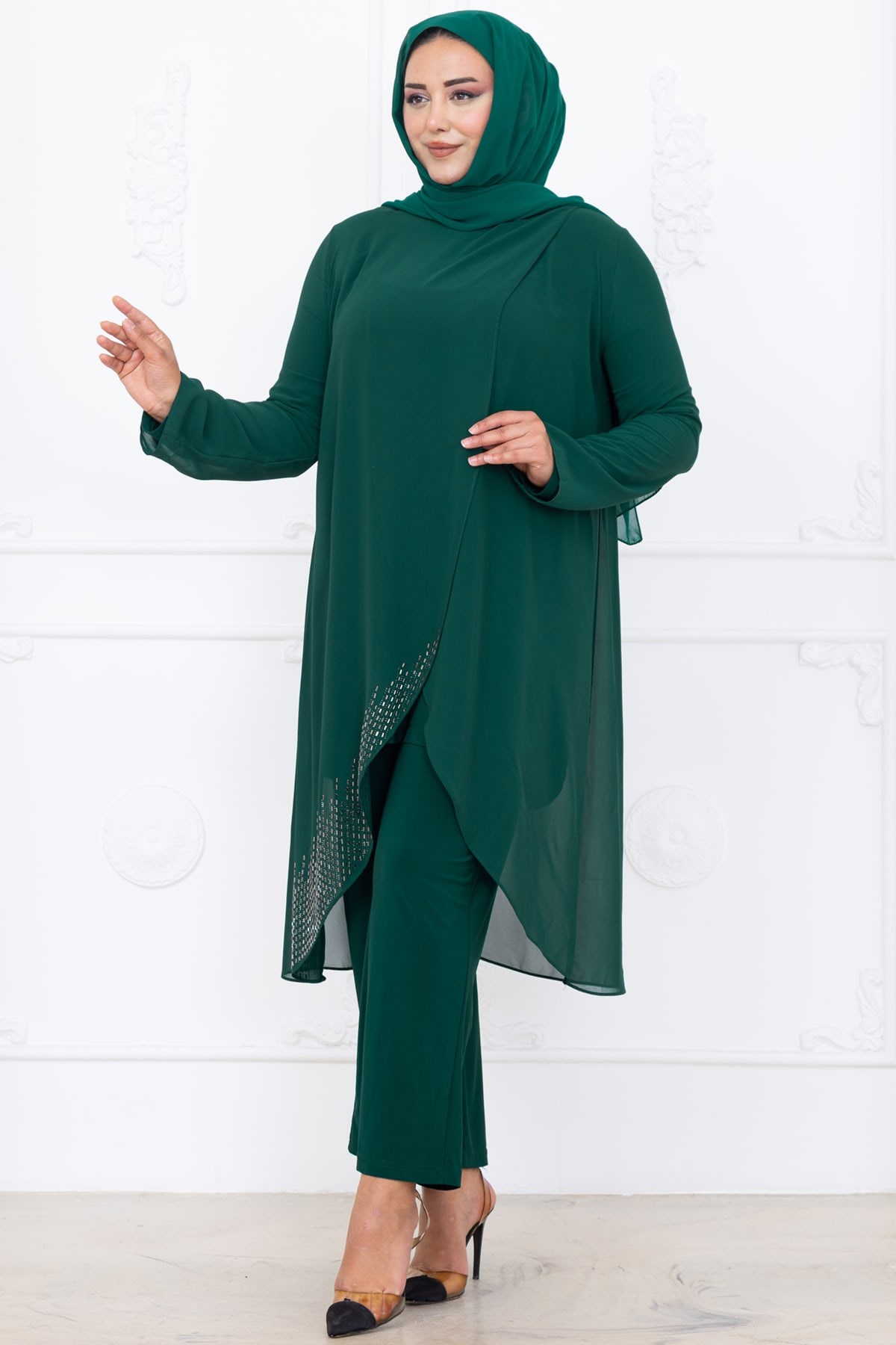 Esin Pantolon Tunik Tesettür Takım Zümrüt