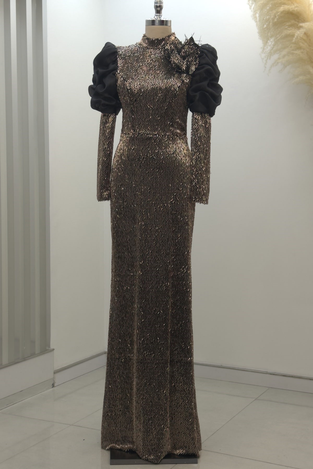 Gina Tesettür Abiye Siyah - Gold