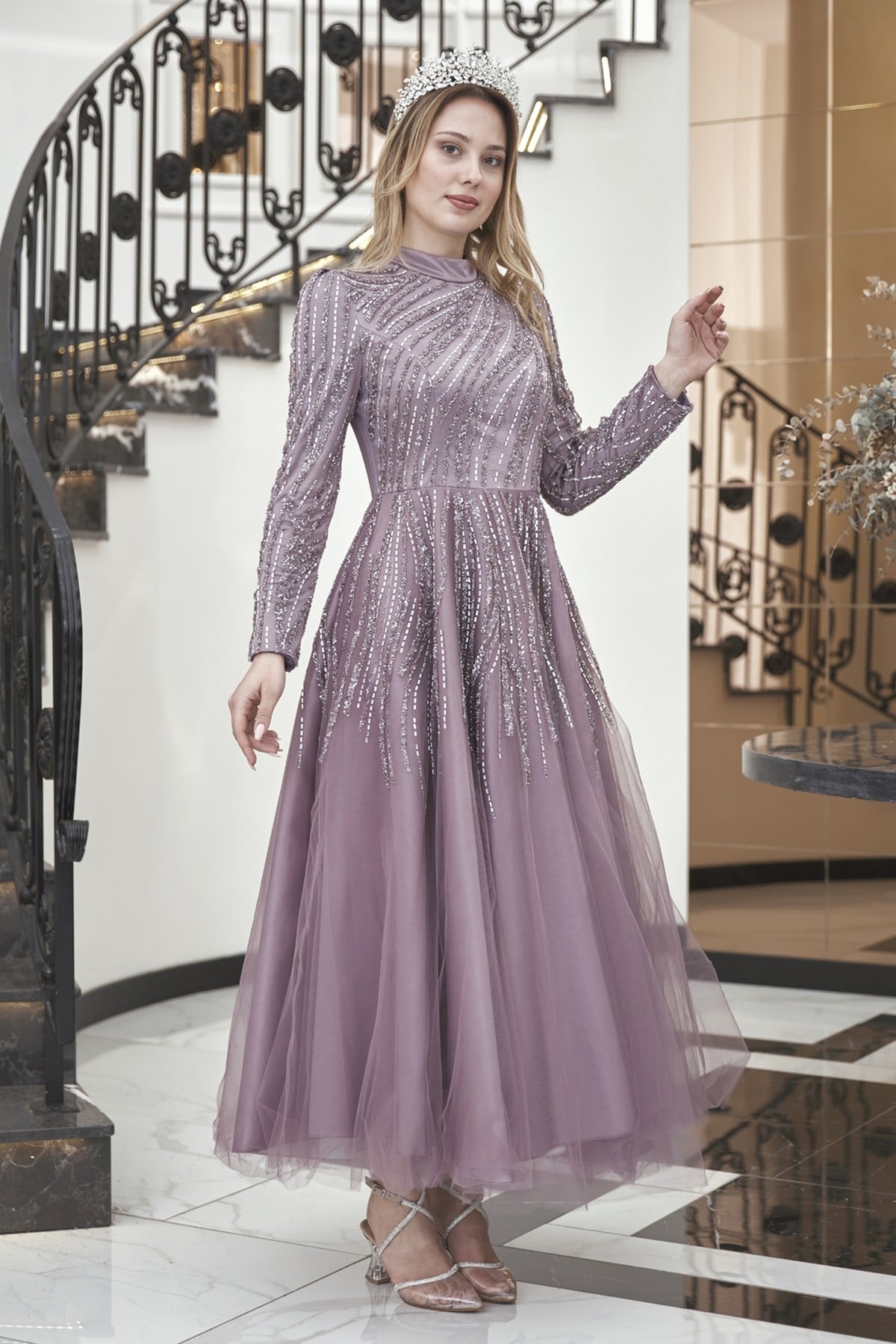 Midi Taşlı Anna Abiye Lavanta AP-2630