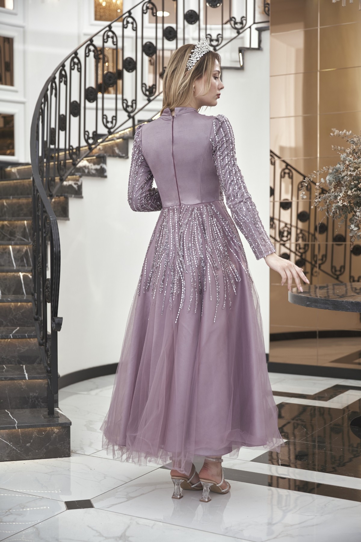 Midi Taşlı Anna Abiye Lavanta AP-2630