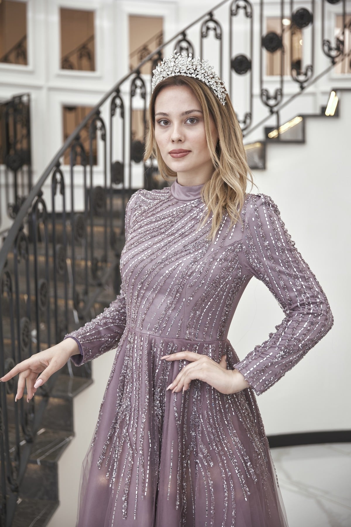 Midi Taşlı Anna Abiye Lavanta AP-2630