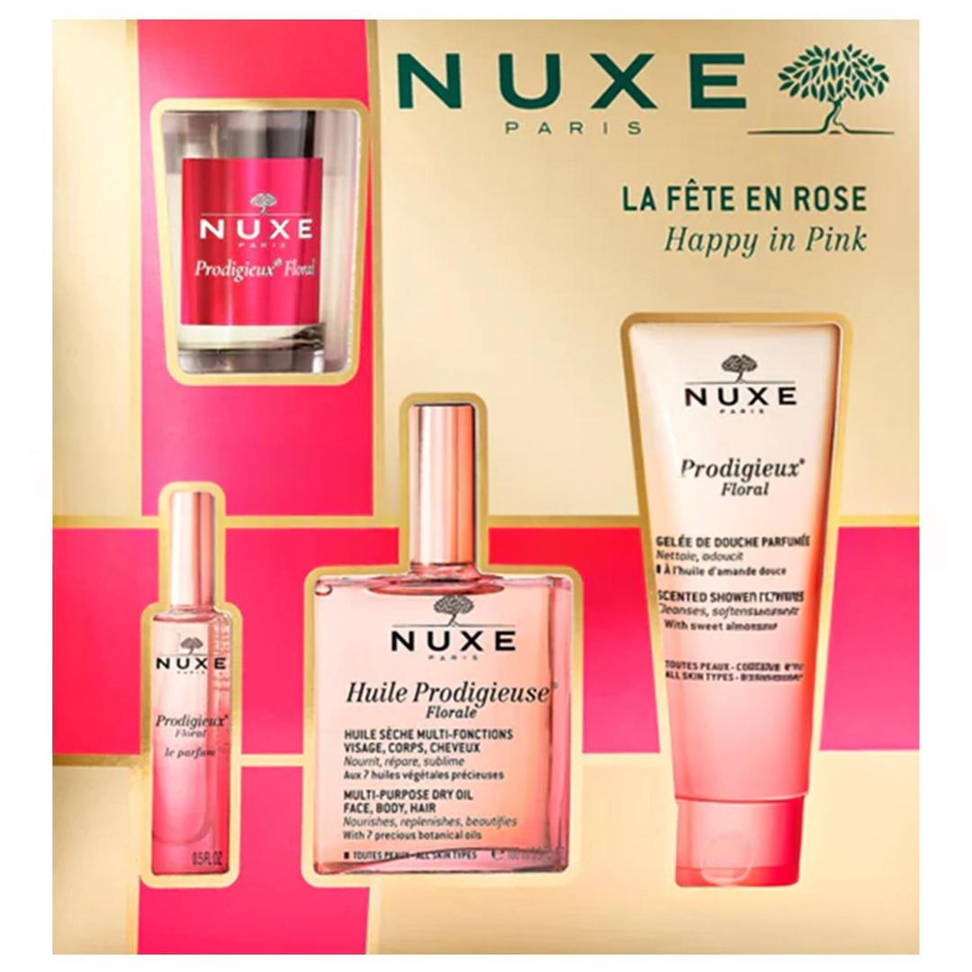 Nuxe Floral Pembe Yılbaşı Kofre Floral Kuru Yağ 100 ml + Floral Parfüm 15 ml + Floral Duş Jeli 100 ml
