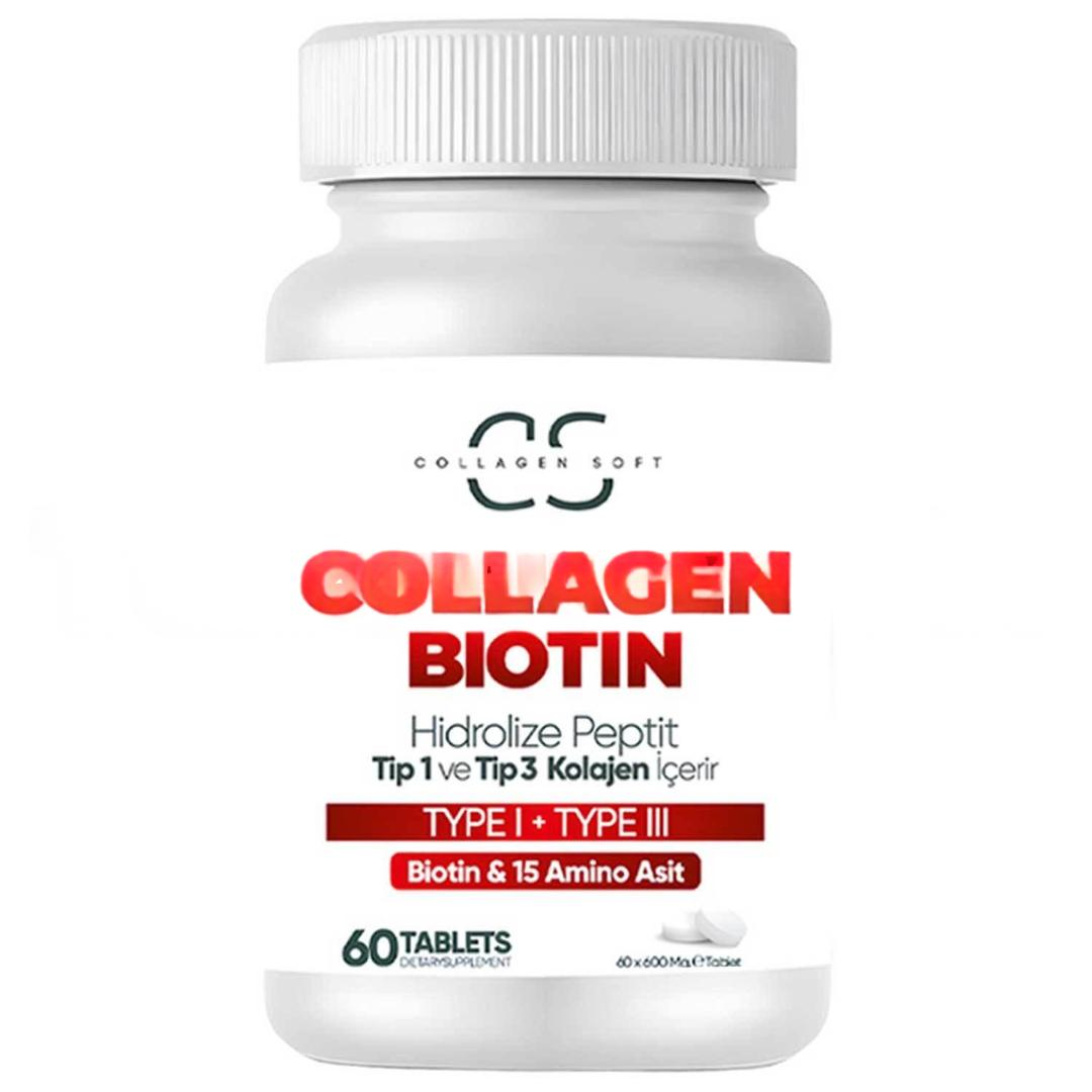 Collagen Soft Collagen Biotin & 15 Amino Asit Hidrolize Peptit Tip 1-3 600 mg 60 Tablet
