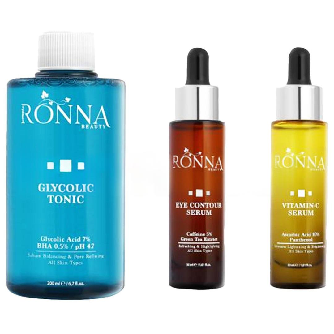 Ronna Beauty Göz Çevresi Aydınlatıcı ve Renk Tonu Eşitleyici Cilt Bakım Seti - Glycolic Tonic 200 ml + Eye Contour Serum 30 ml + Vitamin C Serum 30 ml