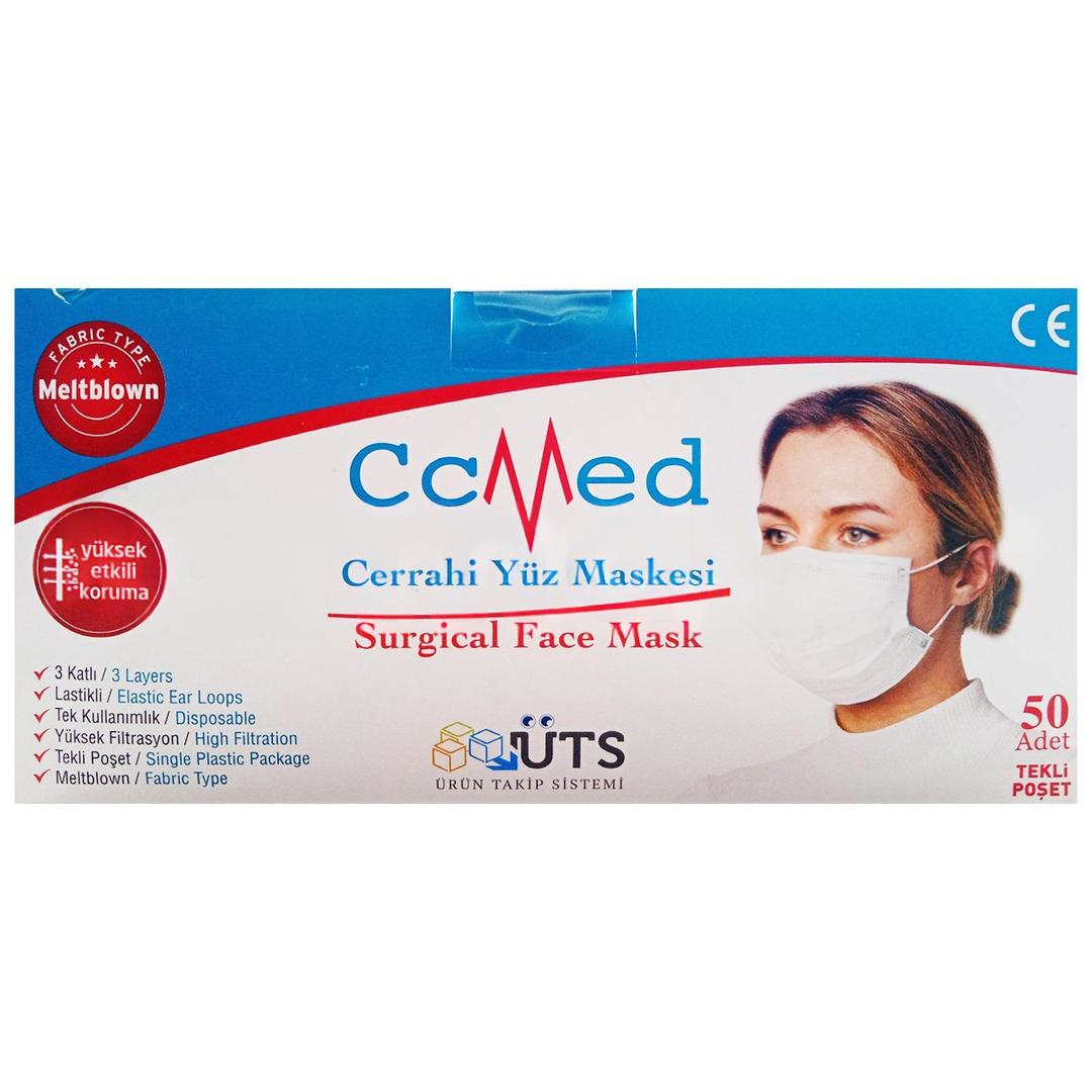 Ccmed 3 Katlı Tekli Ambalajlanmış Beyaz Cerrahi Maske Telli 50li