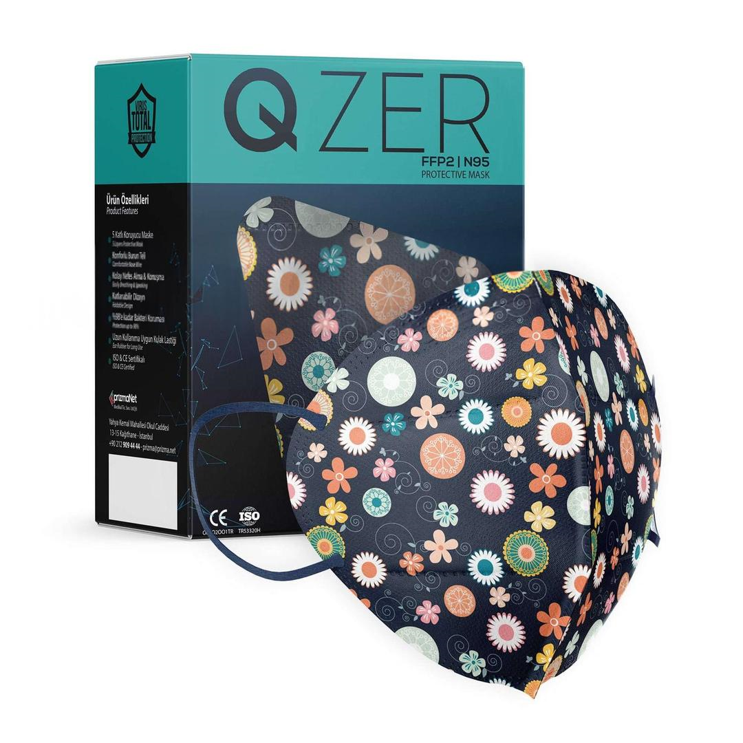 Medizer Qzer 5 Katlı FFP2 N95 Lacivert Çiçek Desenli Koruyucu Maske Telli 100lü