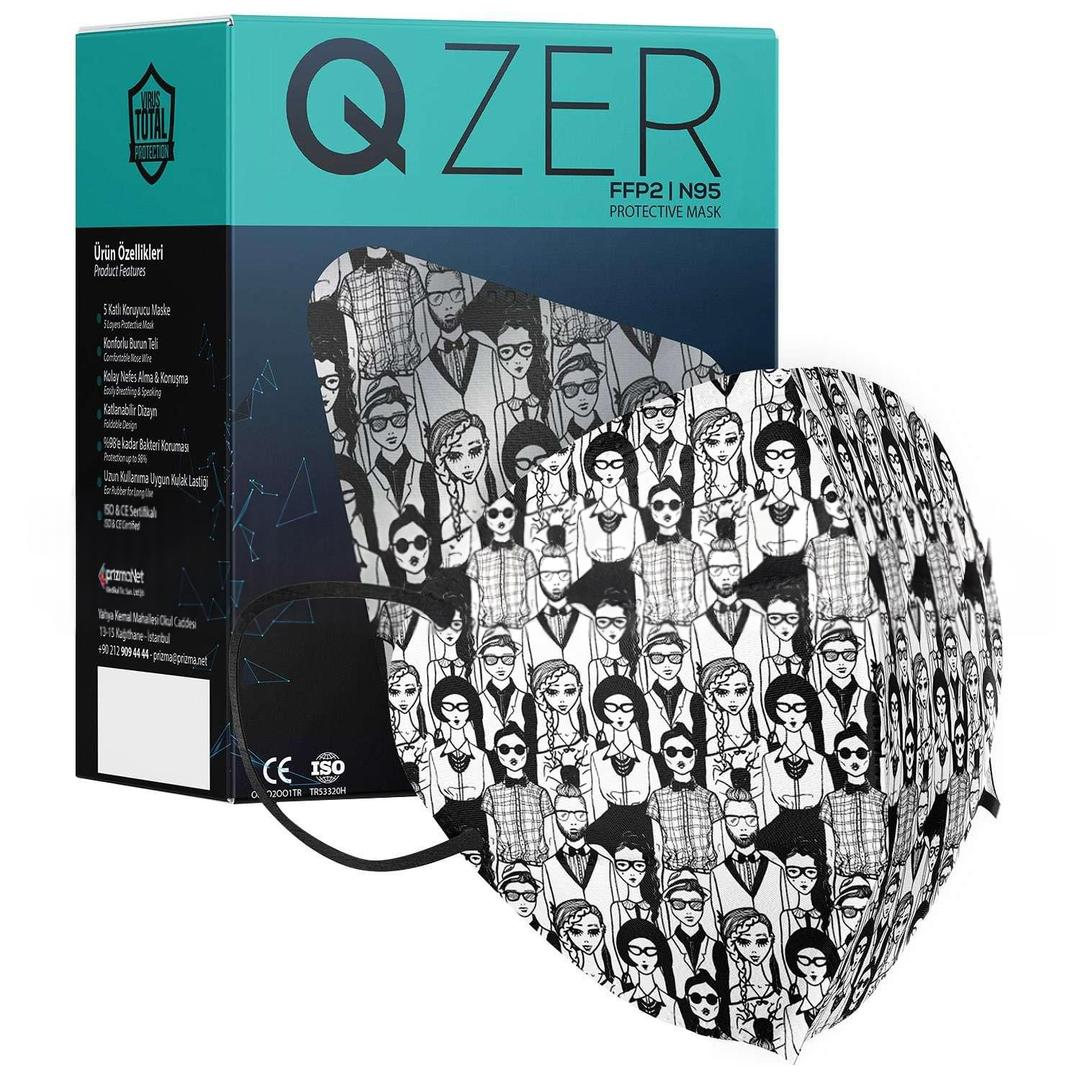 Medizer 5 Katlı FFP2 N95 Qzer İnsan Desenli Koruyucu Maske Telli 100lü