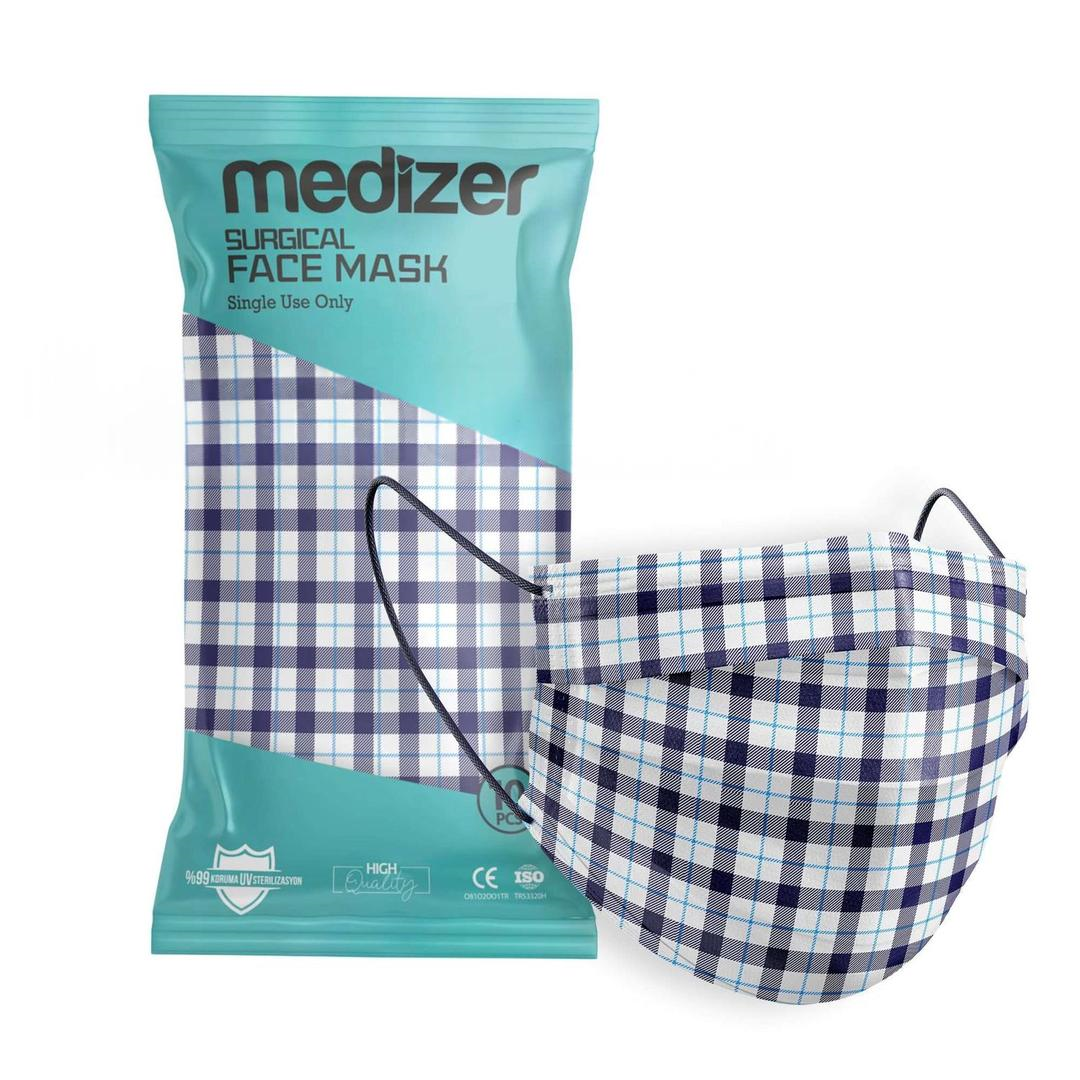 Medizer 3 Katlı Meltblown Mavi Çizgi Ekose Desenli Cerrahi Maske Telli 10lu - 20 Adet