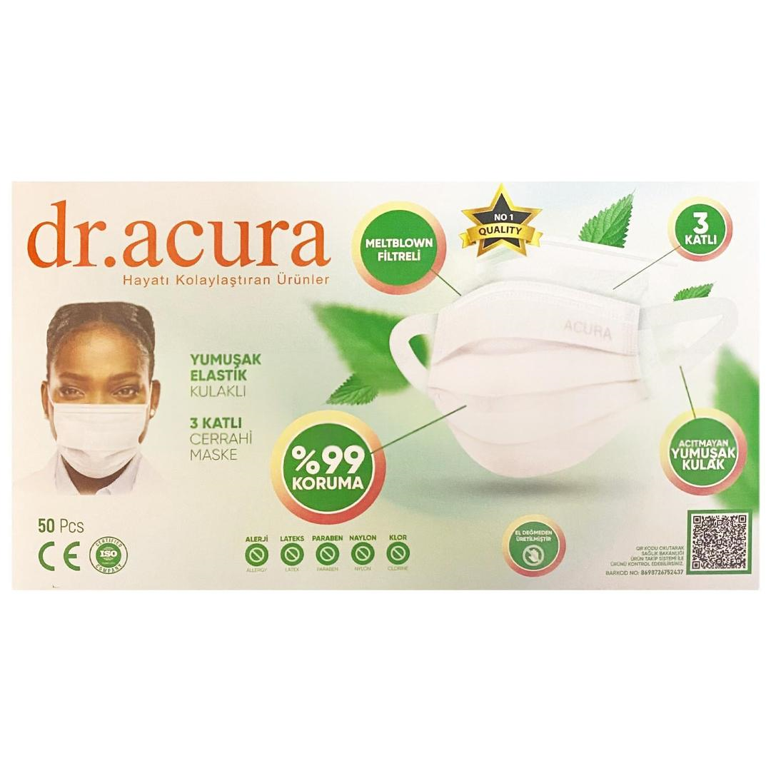 Dr. Acura 3 Katlı Meltblown Yumuşak Elastik Kulaklı Beyaz Cerrahi Maske Telli 50li