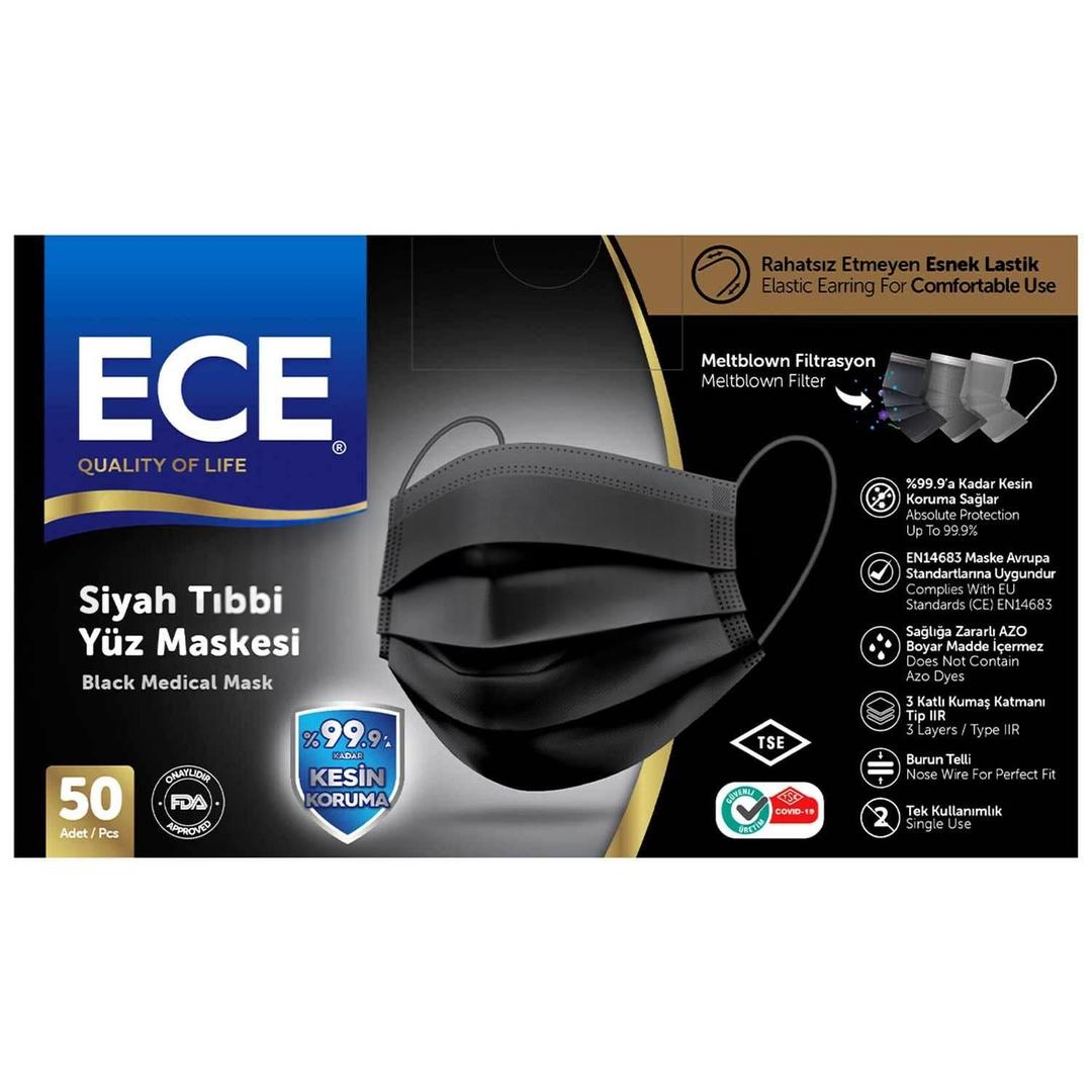 Ece 3 Katlı Siyah Cerrahi Maske Telli 50li
