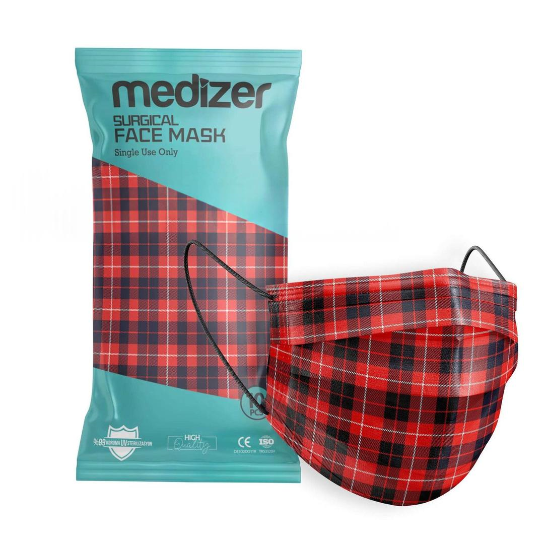 Medizer 3 Katlı Meltblown Kırmızı Ekose Desenli Cerrahi Maske Telli 10lu - 40 Adet