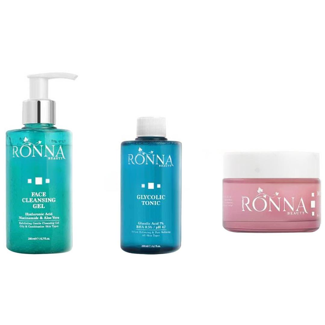 Ronna Beauty Cilt Bakım Temizleme Onarıcı ve Nemlendirici Bakım Seti - Face Cleasing Gel 200 ml + Glycolic Tonic 200 ml + Moisturizing Cream 50 ml