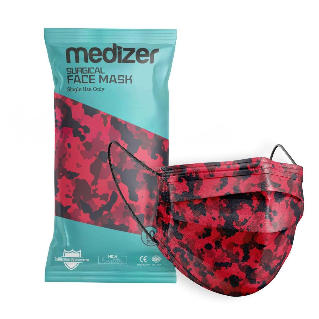 Medizer 3 Katlı Meltblown Kırmızı Kamuflaj Desenli Cerrahi Maske Telli 10lu - 20 Adet