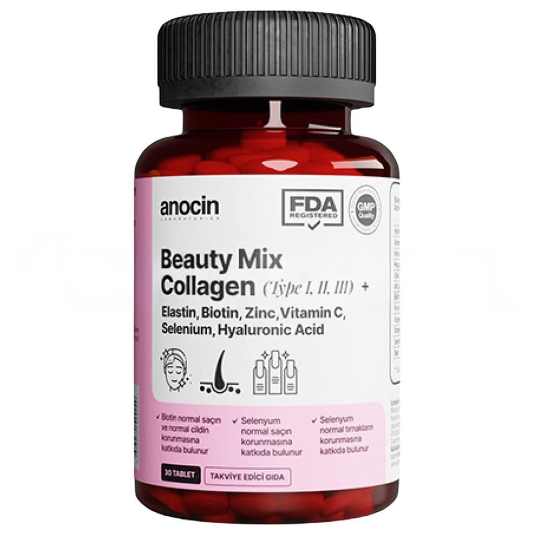 Anocin Beauty Mix Collagen Tip I-II-III Elastin Biotin Zinc Selenyum Hyaluronic Kolajen 30 Tablet