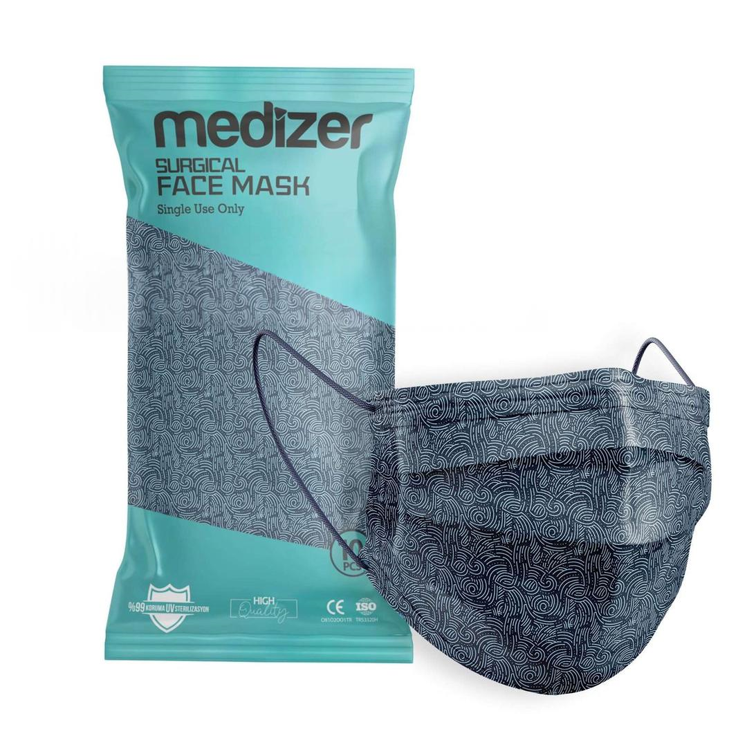 Medizer 3 Katlı Meltblown Lacivert Dalga Desenli Cerrahi Maske Telli 10lu - 40 Adet