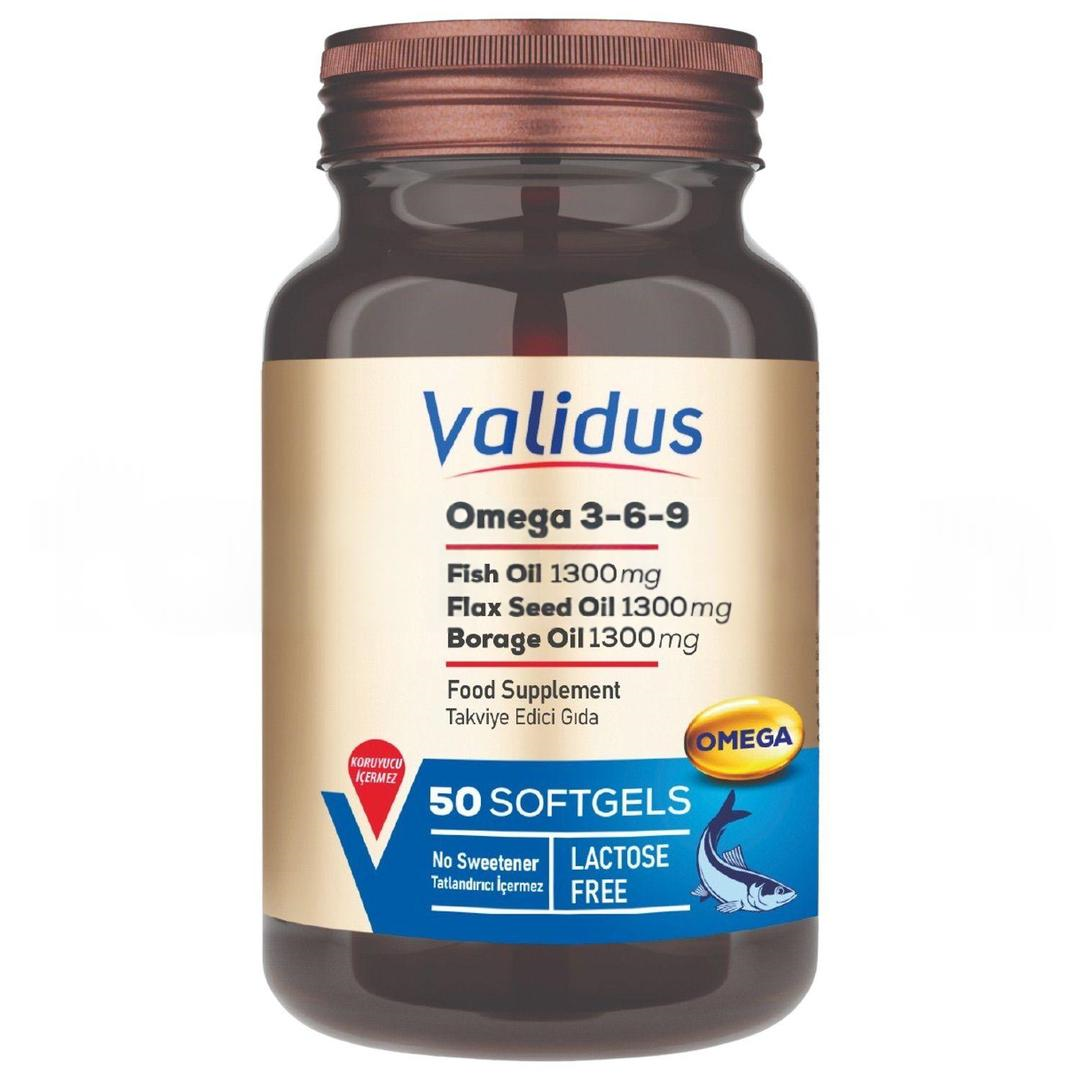 Validus Omega 3-6-9 Softgel Fish Oil 1300 mg + Flax Seed Oil 1300 mg + Borage Oil 1300 mg 50 Softgel
