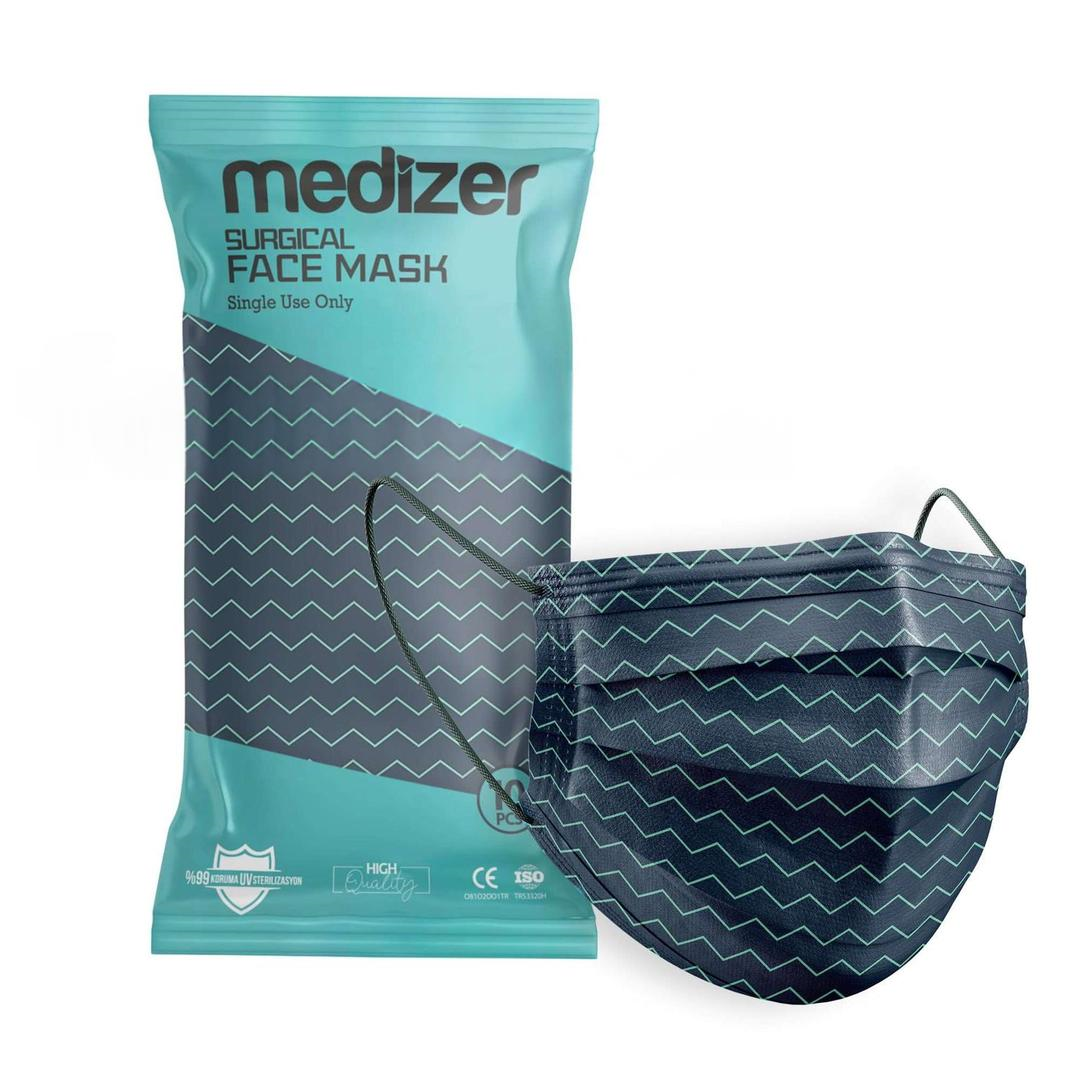 Medizer 3 Katlı Meltblown Yeşil Çizgi Desenli Cerrahi Maske Telli 10'lu - 40 Adet