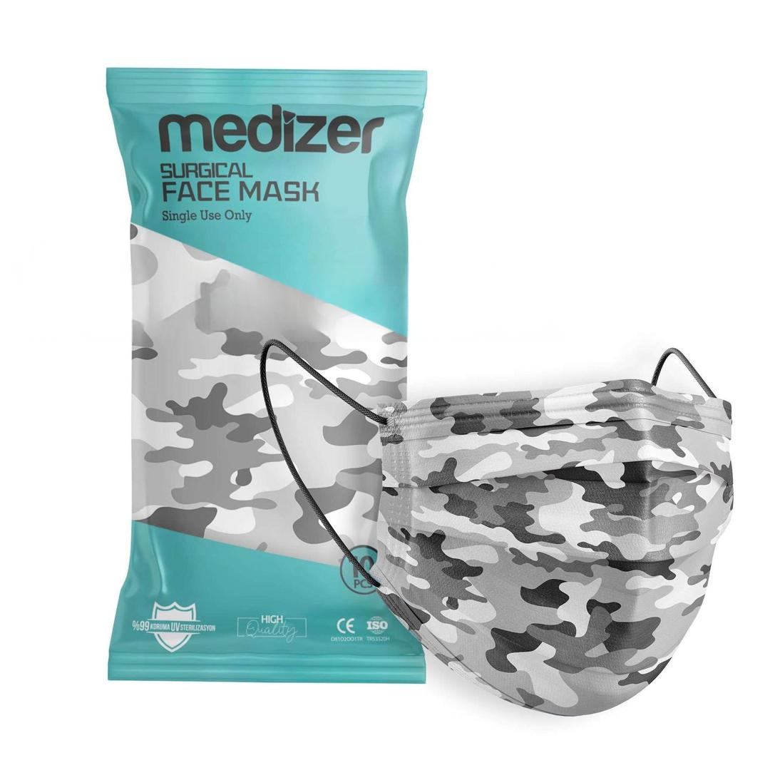 Medizer 3 Katlı Meltblown Beyaz Kamuflaj Desenli Cerrahi Maske Telli 10'lu - 30 Adet