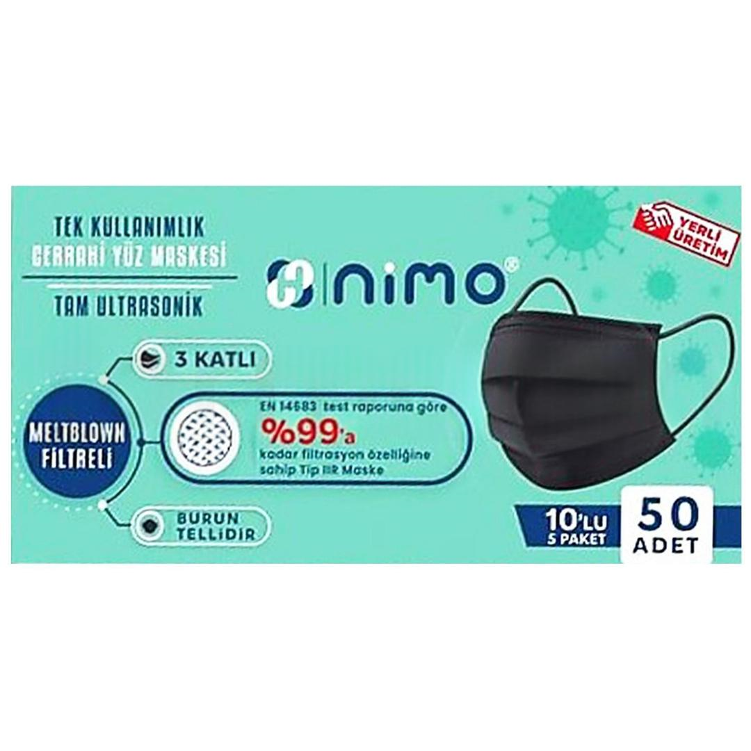 Nimo 3 Katlı Siyah Cerrahi Maske Telli (10'lu 5 Paket) 50'li