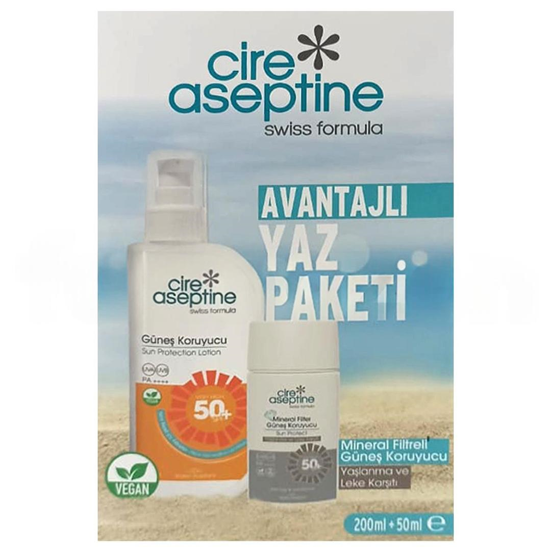 Cire Aseptine Avantajlı Yaz Paketi - Güneş Koruyucu SPF50 200 ml + Yaşlanma ve Leke Karşıtı 50 ml + Mineral Filtreli Güneş Koruyucu SPF50 50 ml
