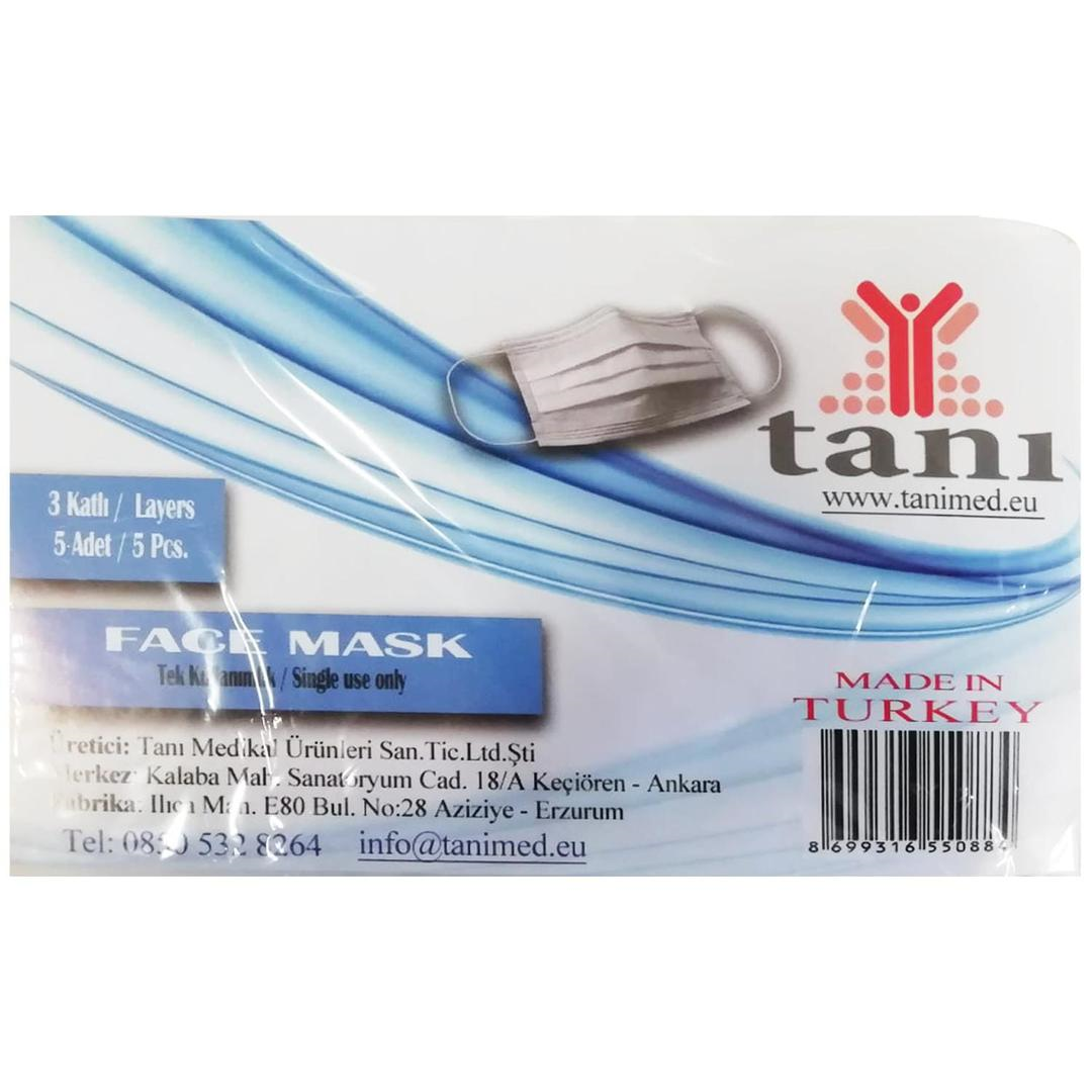 Tanı 3 Katlı Lastikli Cerrahi Maske Telli 5'li