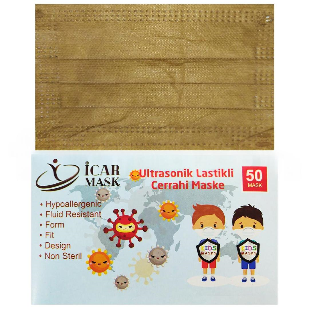 İcar Mask 3 Katlı Full Ultrasonik 10'lu Paketlenmiş Kahverengi Çocuk Cerrahi Maske Telli 50'li