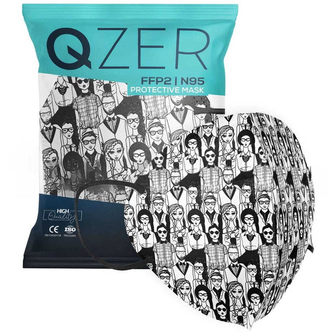 Medizer Qzer 5 Katlı FFP2 N95 İnsanlar Desenli Koruyucu Maske Telli Tekli