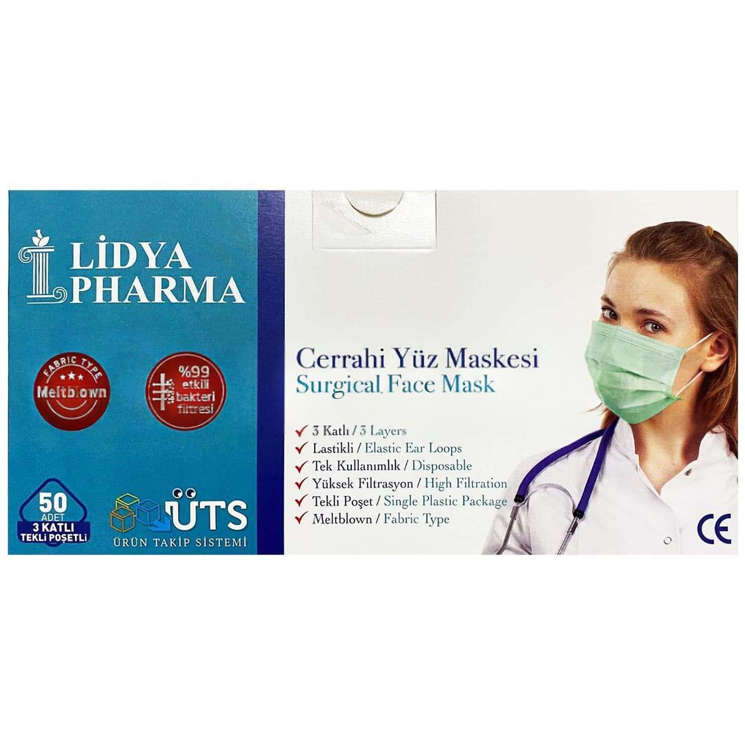Lidya Pharma 3 Katlı Tekli Poşetlenmiş Yeşil Cerrahi Maske Telli 50'li