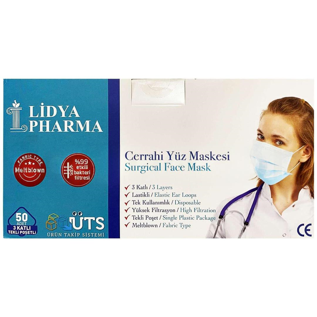 Lidya Pharma 3 Katlı Tekli Poşetlenmiş Mavi Cerrahi Maske Telli 50'li