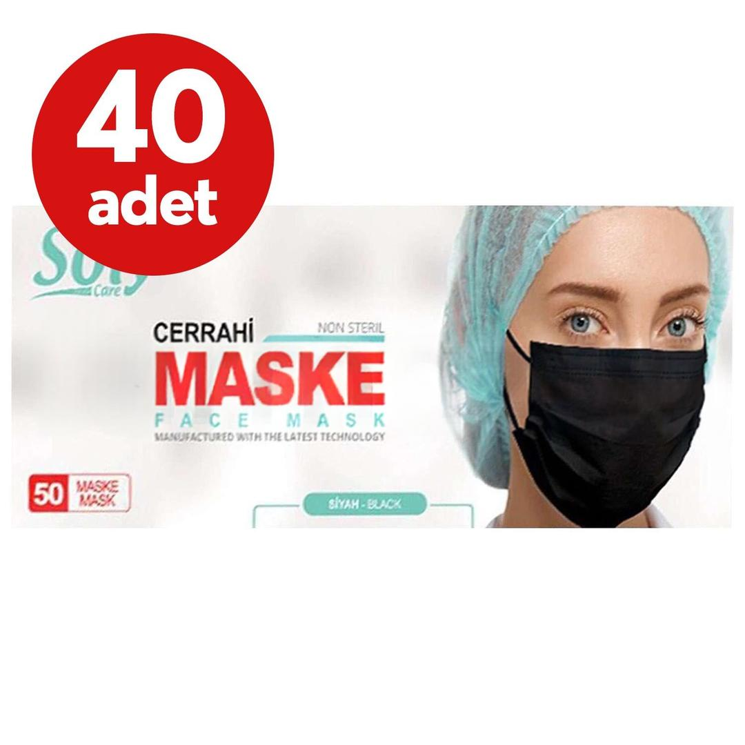 Soly 3 Katlı Full Ultrasonik Siyah Cerrahi Maske Telli 50'li - 40 Adet