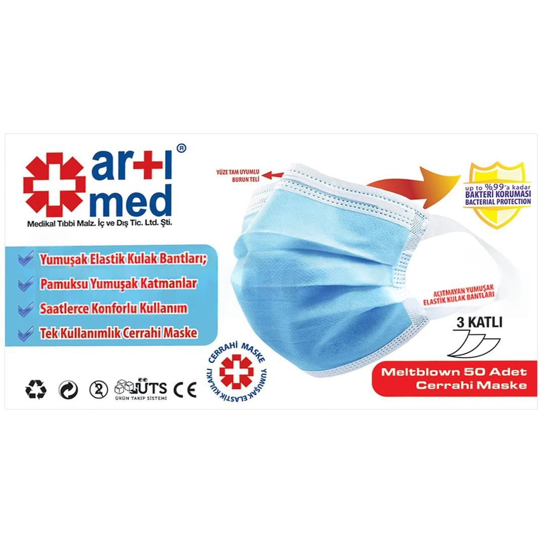 Artımed 3 Katlı Kulak Bantlı Meltblown Ultrasonik Cerrahi Maske Telli 50'li (ÜTS Kayıtlı)