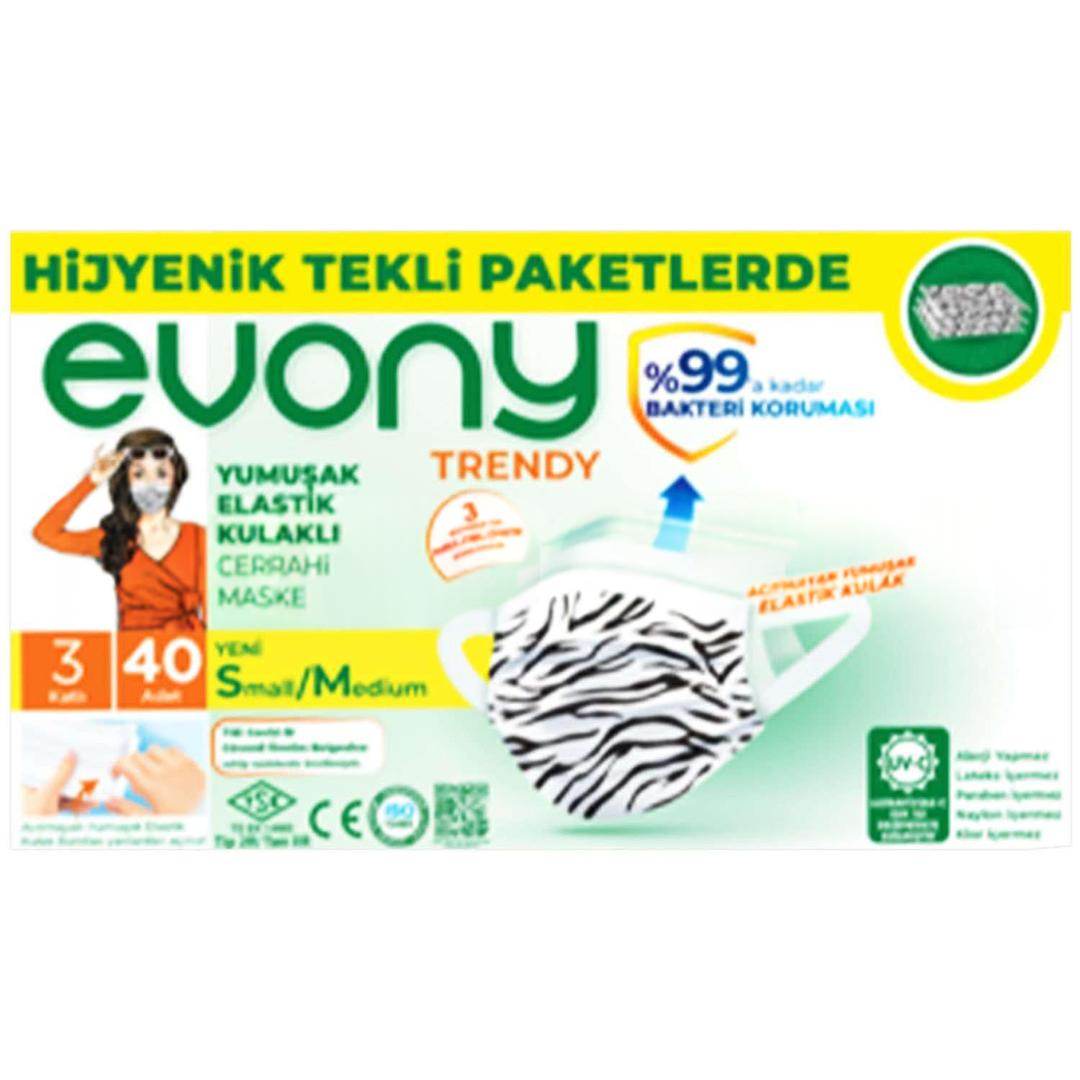 Evony 3 Katlı Tekli Paketlenmiş Trendy Desenli Cerrahi Maske Telli 40'lı (ÜTS Kayıtlı)