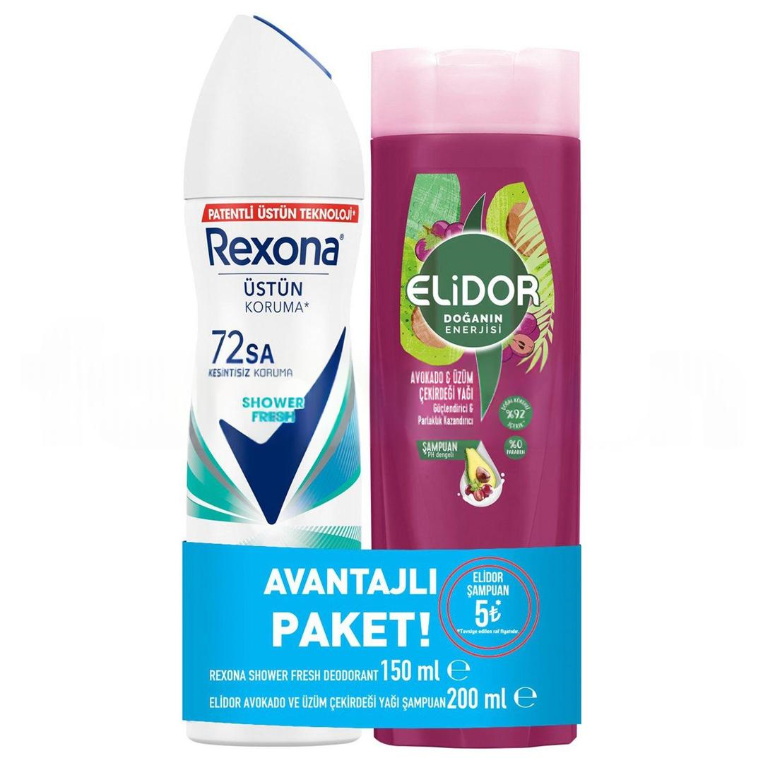 Rexona Shower Fresh Motion Sense Deodorant 150 ml + Elidor Avokado Üzüm Çekirdeği Şampuan 200 ml