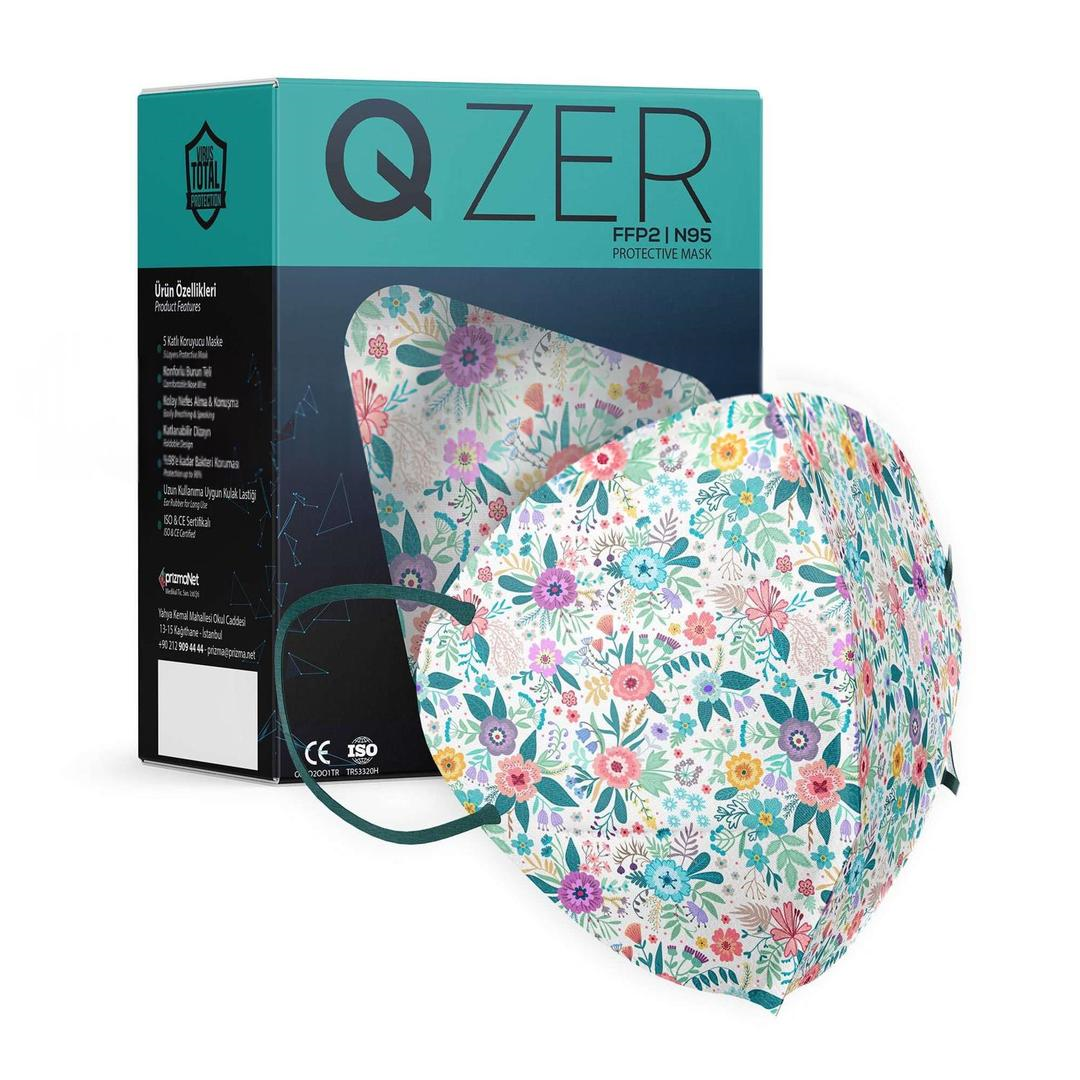 Medizer 5 Katlı FFP2 N95 Qzer Bahar Çiçekleri Desenli Koruyucu Maske Telli 50'li