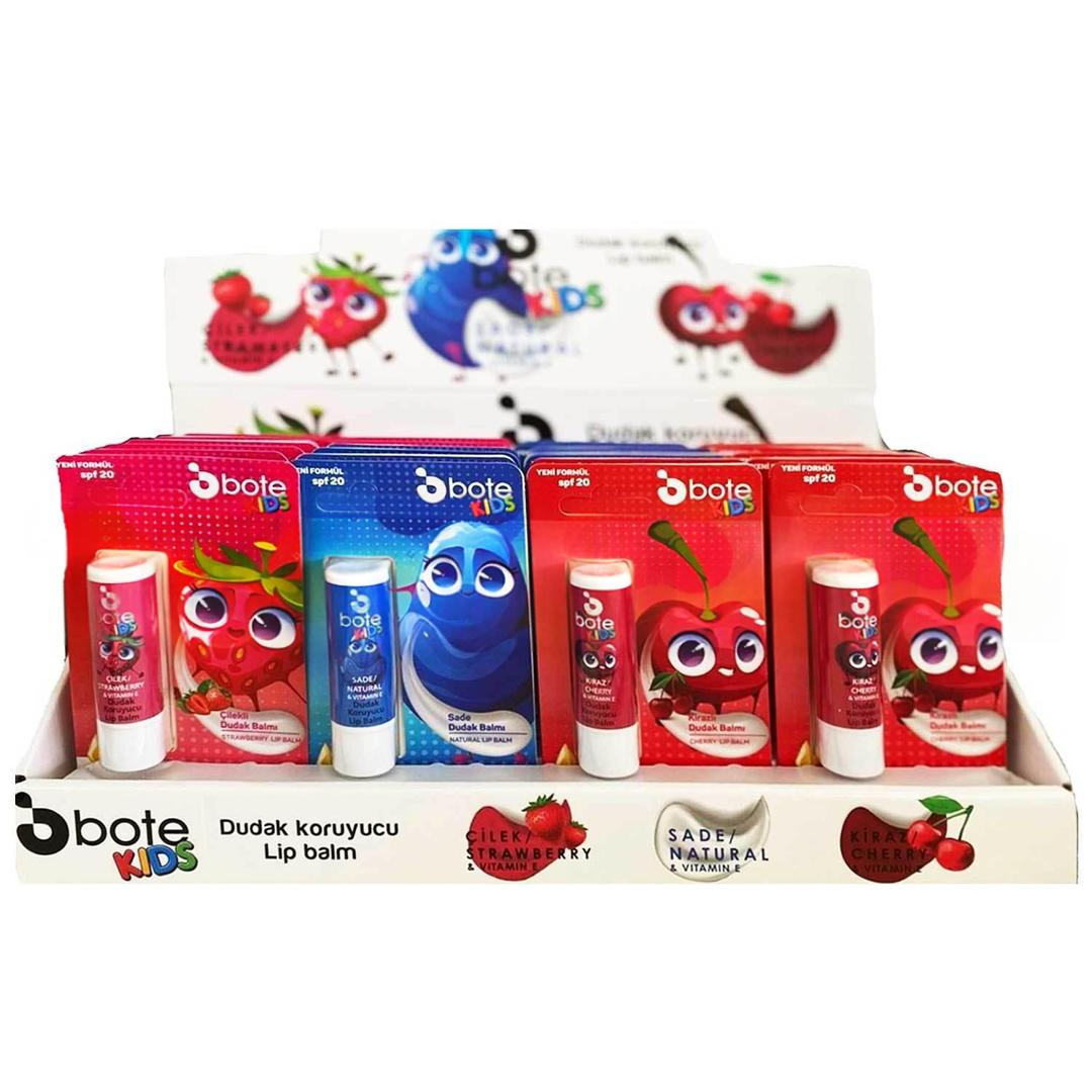 Bote Kids Lip Balm Stant 24'lü Çilek + Kiraz + Naturel