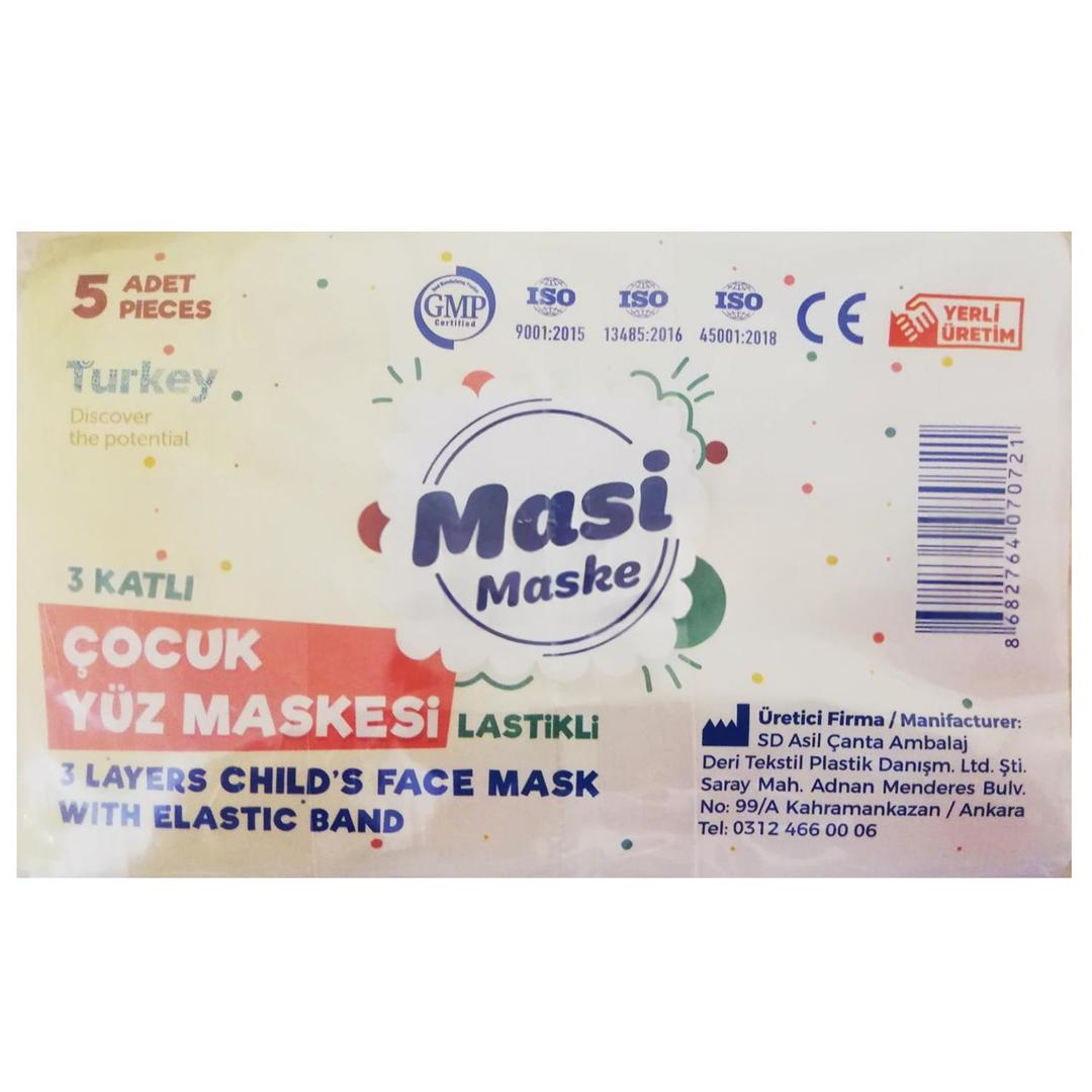 Masi 3 Katlı Lastikli Emoji Desenli Çocuk Cerrahi Maske Telsiz 5'li