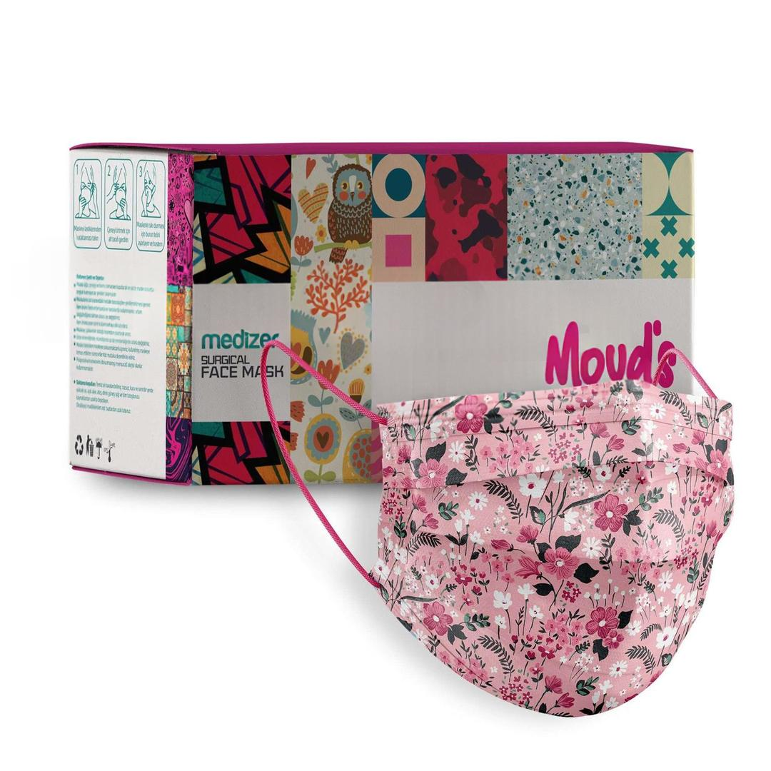 Medizer 3 Katlı Meltblown Pembe Çiçek Desenli Cerrahi Maske Telli 50'li - 40 Adet
