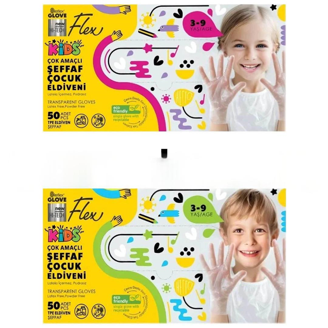 Flex Yeni Nesil Hibrit Çocuk Şeffaf Eldiven 3-9 Yaş - 50 Adet