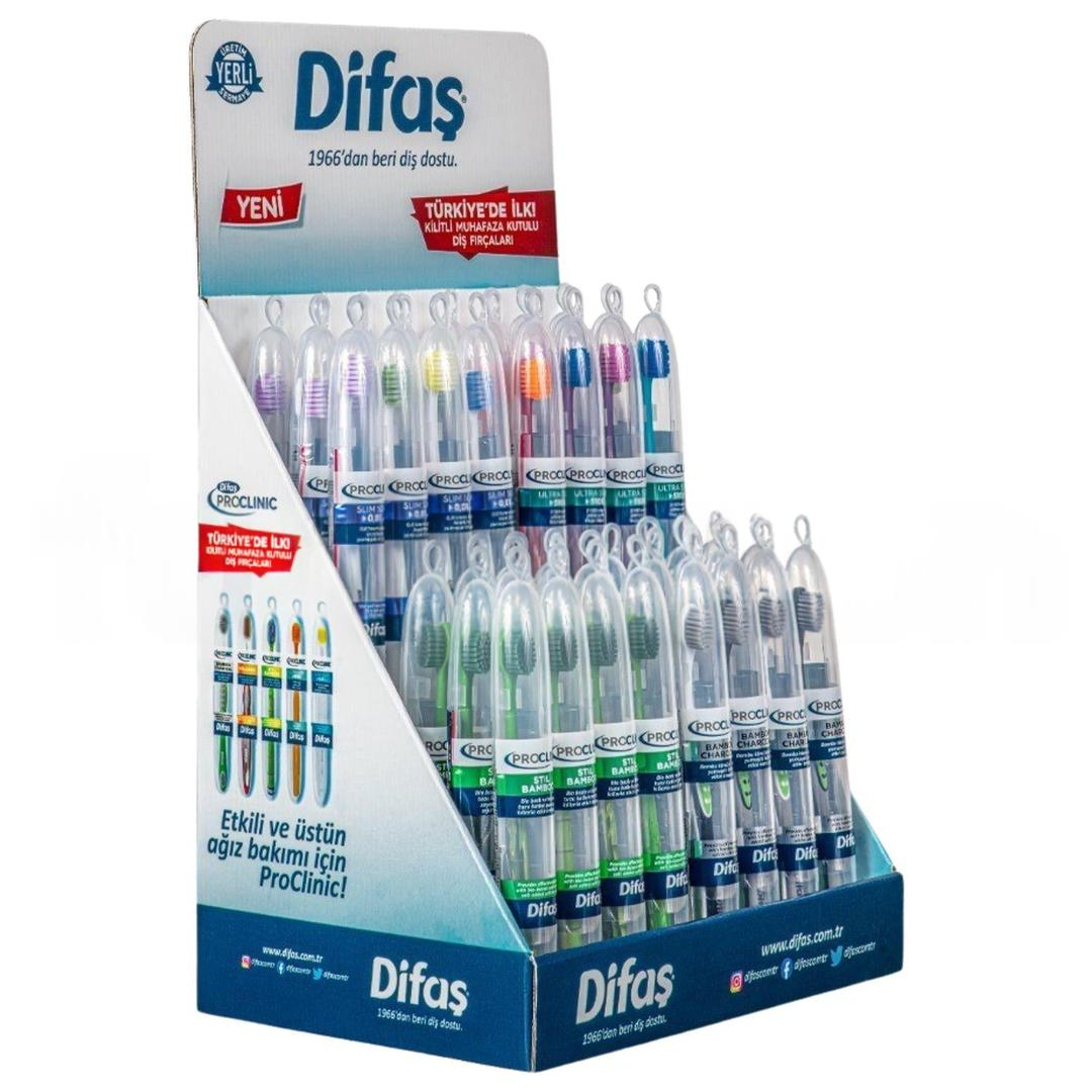 Difaş Proclinic Masa Üstü Karton Stant 48'li - 12 Adet Slim Soft 0,01 mm / 12 Adet Ultra Soft 5100 / 12 Adet Bamboo Charcoal / 12 Adet Stil Bamboo