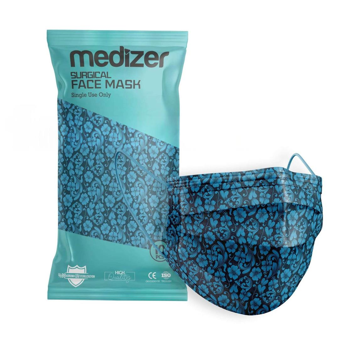Medizer 3 Katlı Meltblown Mavi Çiçek Desenli Cerrahi Maske Telli 10'lu - 20 Adet