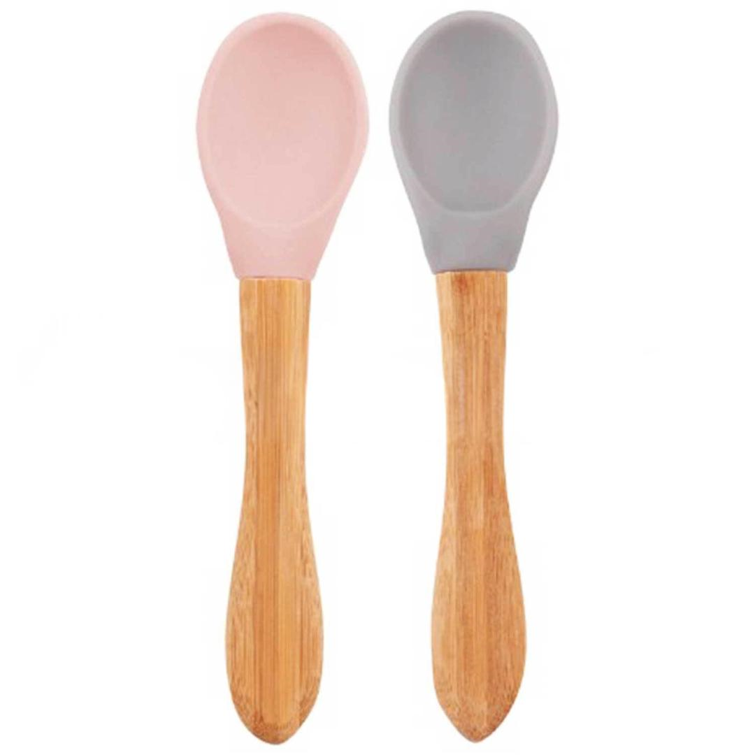 Oioi Bambu Saplı Silikon Mama Kaşığı 2'li - Pembe & Gri