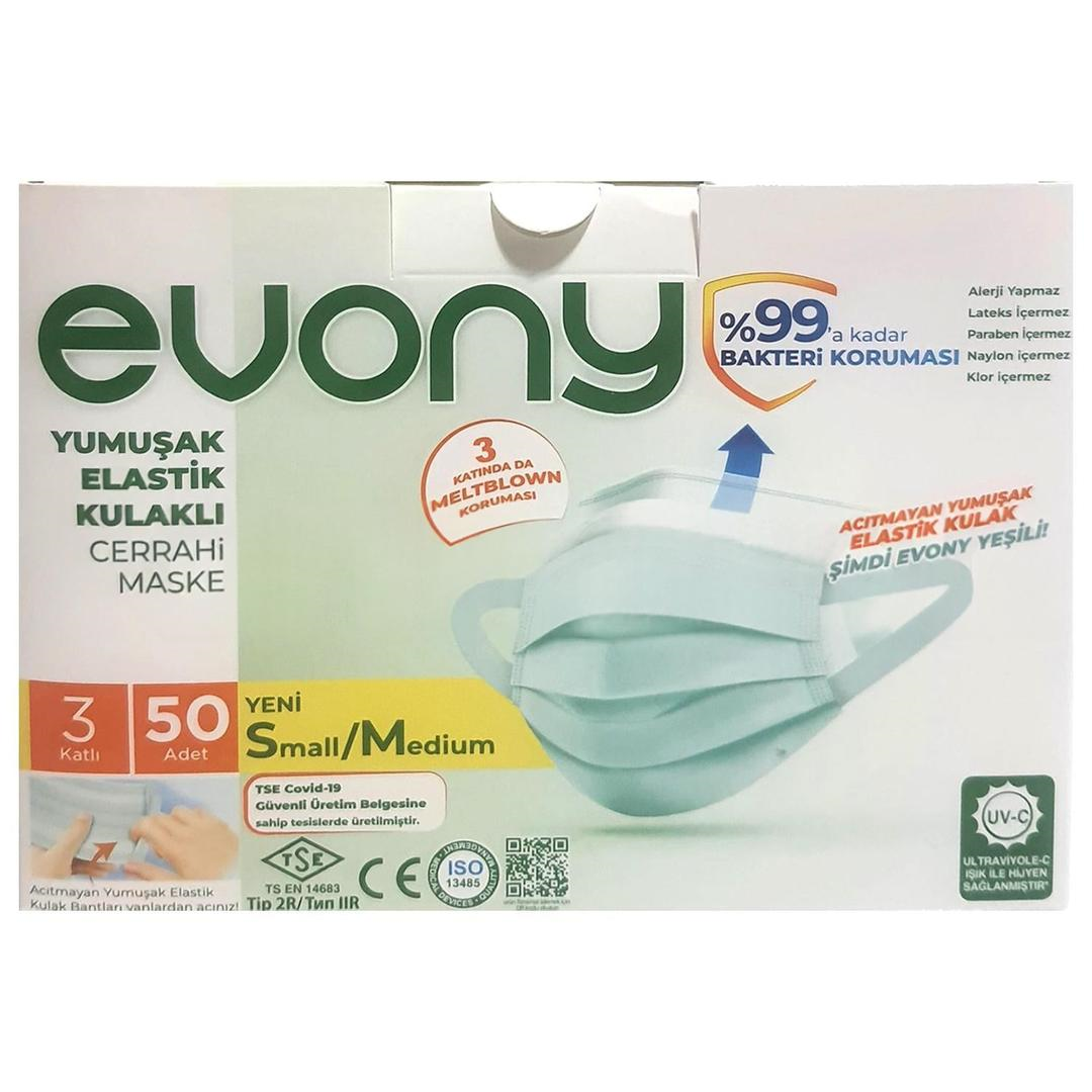 Evony 3 Katlı Ultrasonik S/M Yeşil Cerrahi Maske Telli 50'li
