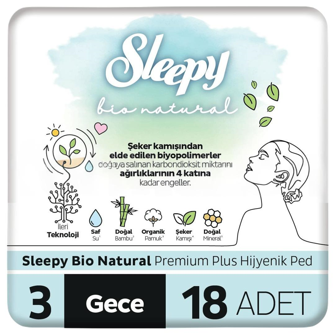 Sleepy Bio Natural Premium Plus Hijyenik Ped Gece 18'li